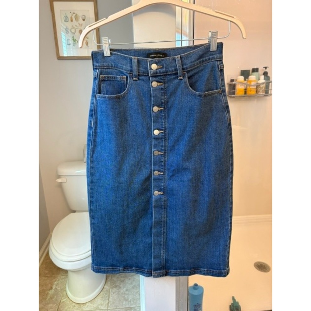 Banana Republic Denim Midi Skirt 26/2 Blue Button Front High Rise Pencil Stretch